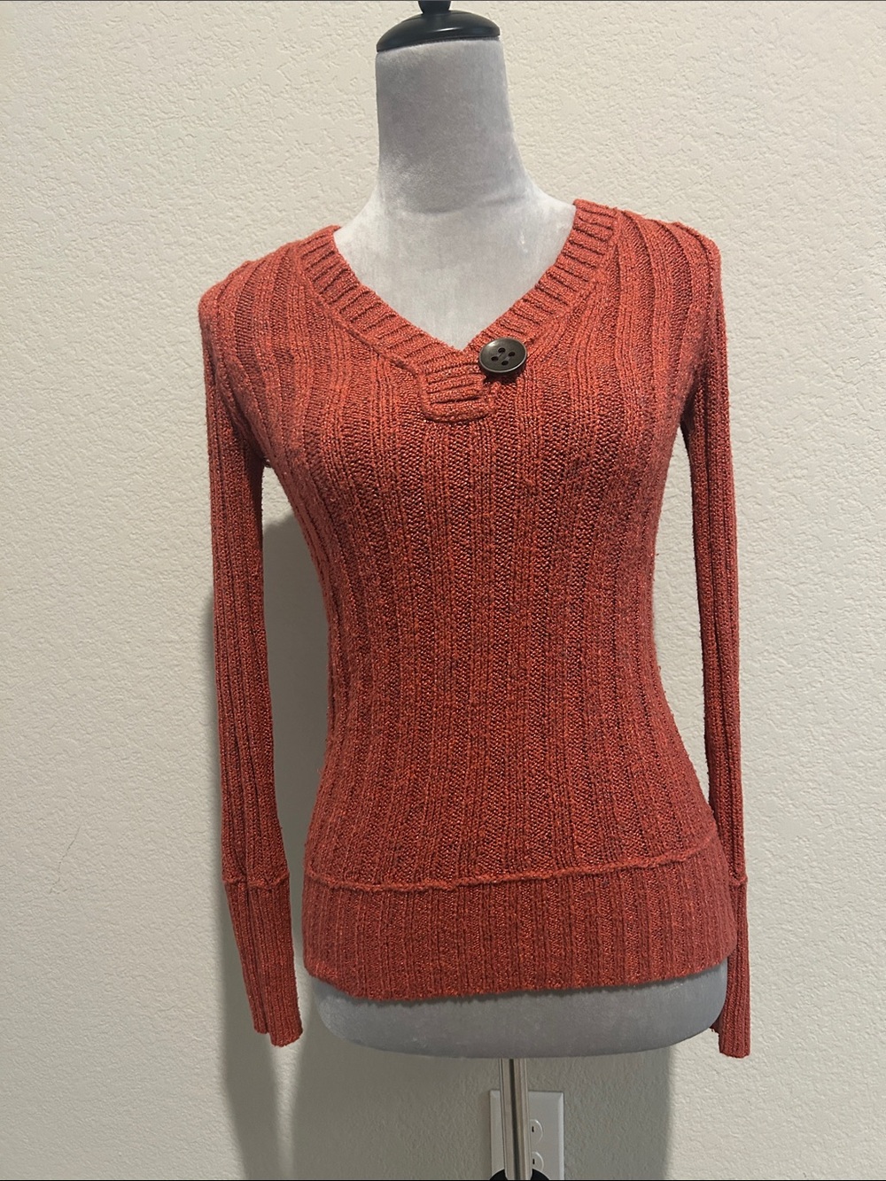 Maurices Rust Orange V-Neck Ribbed Sweater with Button - Picture 2 of 6